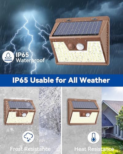 Peasur 5 Pack Solar Lights for Outside, Motion Sensor Outdoor Lights, 140LED Solar Security Lights 3 Working Modes, Solar Lights Outdoor Waterproof for Outside Garden Yard Fence (Brown Frame)