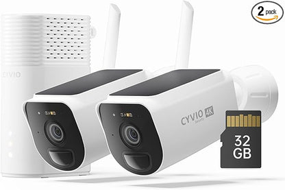 4K Solar Security Camera Wireless Outdoor, 2-Cam Kit, CYVIO WiFi Long Range, Battery Powered, Color Night Vision, PIR Motion Detection, No Monthly Fee