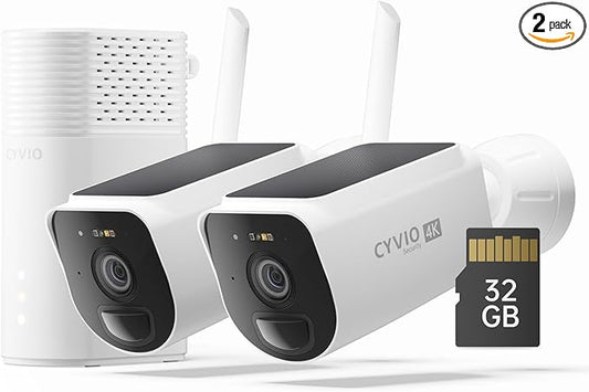 4K Solar Security Camera Wireless Outdoor, 2-Cam Kit, CYVIO WiFi Long Range, Battery Powered, Color Night Vision, PIR Motion Detection, No Monthly Fee