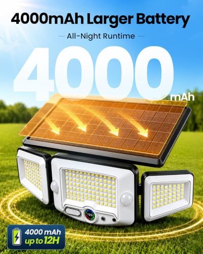 4000mAh Solar Motion Lights Outdoor with Octopus Mount, 2500LM 270° 3-Head Adjustable Solar Flood Lights with Digital Display & Remote, Dual PIR Sensor Security Lights for Fence Yard Patio Gazebo（2）