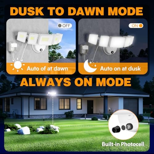 Onforu 150W 15000LM Dusk to Dawn Outdoor Lighting,5 Heads Plug in Flood Lights,6500K Super Bright Automatic White Outdoor Lighting,IP66 Waterproof Hardwired LED Security Lights for Garage,Yard,Outside