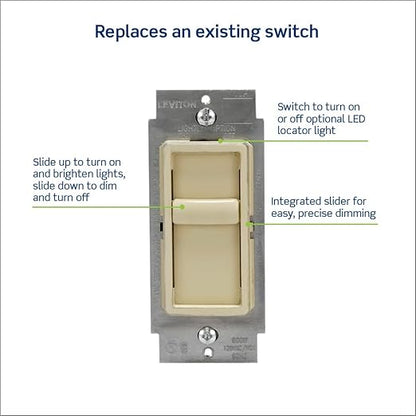 Leviton SureSlide Dimmer Switch for Dimmable LED, Halogen and Incandescent Bulbs, 6672-1LI, Ivory
