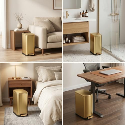 SYNCVIBE Slim Bathroom Trash Can with Soft Close Lid, 3.5 Gal, Gold
