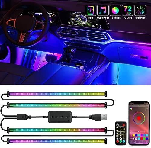 Nilight 4PCS USB Car Interior Lights Dream Color App and Remote Control | 72LED 5V DC RGB-IC Music Car Neon Accent Light Strips Under Dash Lighting Kit with Sound Active Function