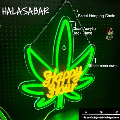 Happy Hour Neon Sign, USB 5V Powered LED Silicone Strip Neon Light, Acrylic Board Wall Decor for Bar Pub Man Cave Home Party, Non-Waterproof Indoor Use Only, Marijuana Neon Signs for Wall Decor