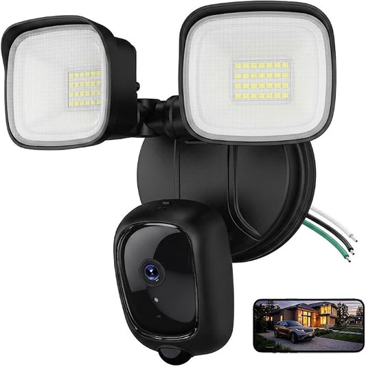 2K Hardwired Flood Light Camera, 3500LM Dual-Head Outdoor Security Camera with Color Night Vision, 5G/2.4G WiFi, PIR Motion Detection, Siren, 2-Way Audio, IP65, Compatible with Alexa, Black