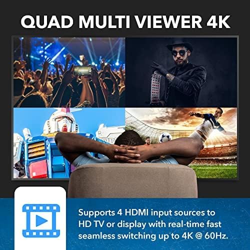 OREI 4K Multi HDMI Viewer Quad 4 in 1 Out, Switcher 4 Ports Seamless IR Remote Support 4K @ 60Hz 1080P for PS4/PC/DVD/Security Camera, HDMI Switch Optical Audio L/R Output - UHD-401MV