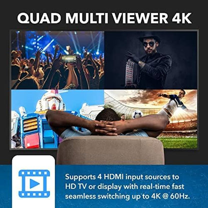 OREI 4K Multi HDMI Viewer Quad 4 in 1 Out, Switcher 4 Ports Seamless IR Remote Support 4K @ 60Hz 1080P for PS4/PC/DVD/Security Camera, HDMI Switch Optical Audio L/R Output - UHD-401MV