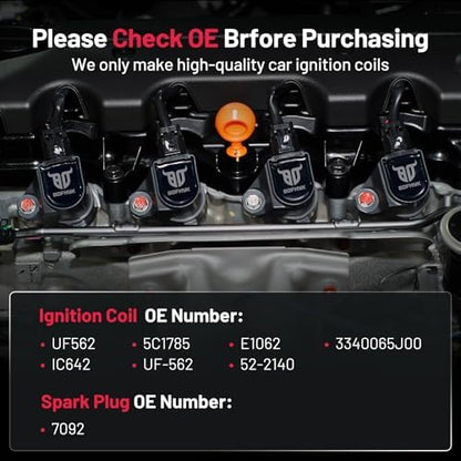 BDFHYK 4 Ignition Coil Pack UF526 and 4 Iridium Spark Plug 7092 Compatible with Saab 2003-2011 9-3, 2010-2011 9-3X 2.0L l4 Coil for DG457 DG472