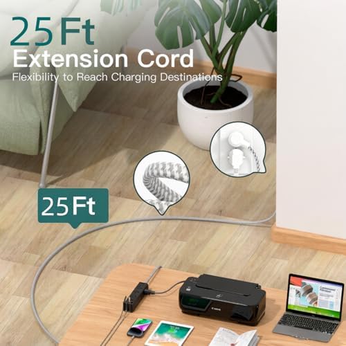25FT Extra Long Extension Cord, Power Strip with 12 AC Outlet & 4 USB Ports
