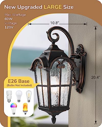 EDISHINE Dusk to Dawn Outdoor Wall Light, Roman Large Size Exterior Lantern Fixtures, E26 Base, Waterproof Porch Lights Wall Mount, Black Outside Wall Sconce, 2 Pack