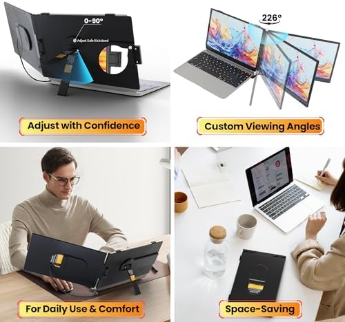 Laptop Screen Extender 0.27" Ultra-Thin, 14" FHD 1080P IPS Lightweight Dual Portable Monitor, USB-C/HDMI Plug & Play for 14-17" Laptops, Travel screen compatible with Windows/Mac/Chrome/Switch/Android