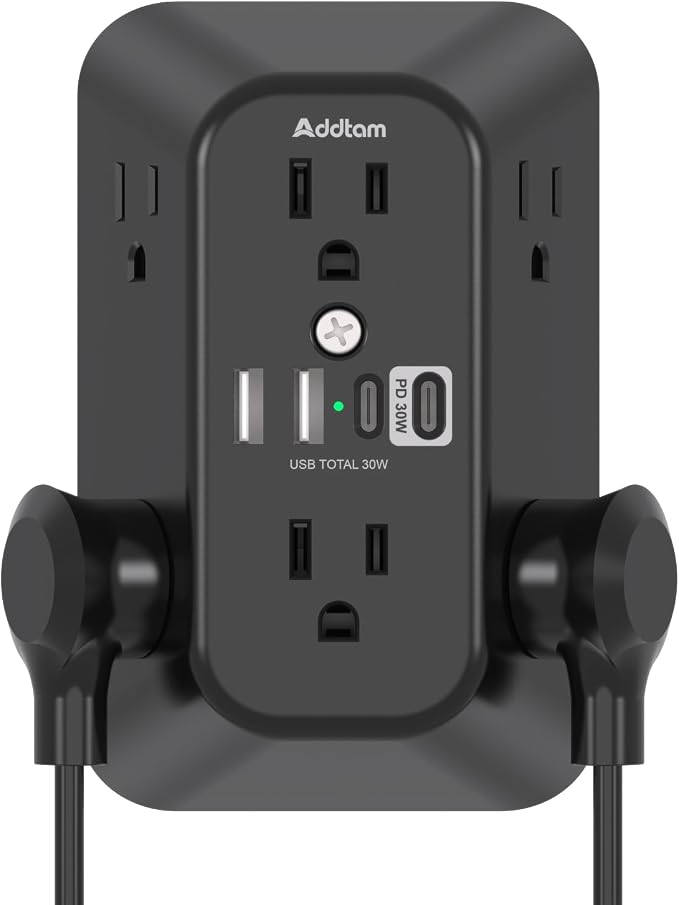 Addtam 6-Outlet Extender Surge Protector, Multi Plug Wall Outlet with 4 USB Wall Charger(PD 30W), Plug Extension Outlet with 1800J, Outlet Splitter Power Strip for Home Office, Black