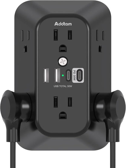 Addtam 6-Outlet Extender Surge Protector, Multi Plug Wall Outlet with 4 USB Wall Charger(PD 30W), Plug Extension Outlet with 1800J, Outlet Splitter Power Strip for Home Office, Black