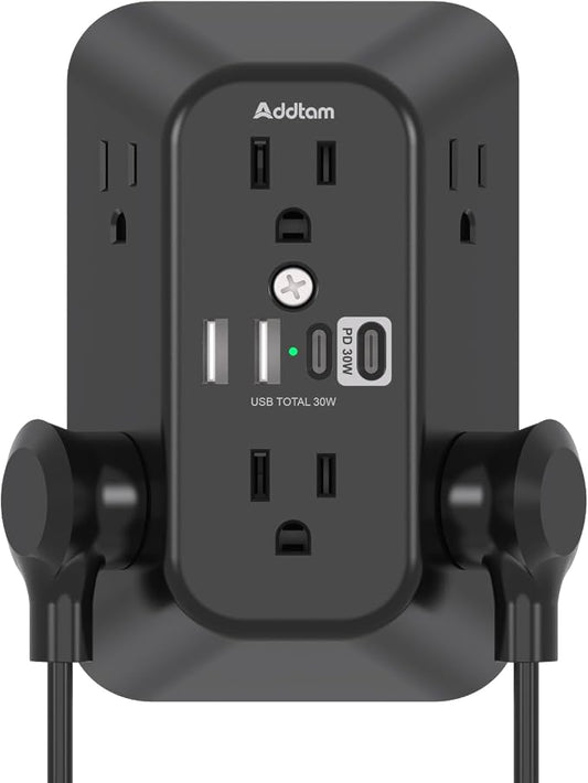 Addtam 6-Outlet Extender Surge Protector, Multi Plug Wall Outlet with 4 USB Wall Charger(PD 30W), Plug Extension Outlet with 1800J, Outlet Splitter Power Strip for Home Office, Black