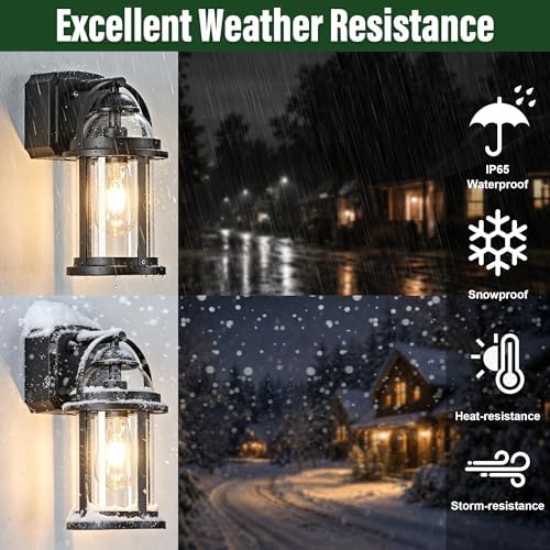 OKELI Dusk to Dawn Outdoor Wall Lights with GFCI Outlet, Waterproof Rustic Farmhouse Wall Lanterns with Clear Glass Shades, Anti-Rust Outside Fixture Lights for Garage Patio Porch, Black, 2 Pack