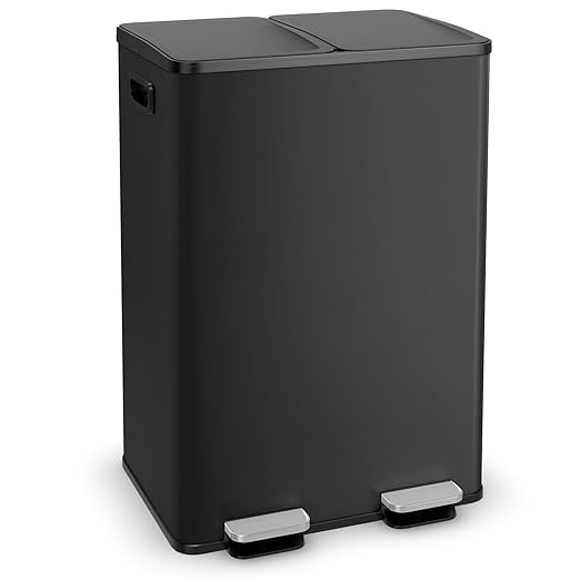 Goplus 16 Gallon/ (2x30L) Stainless Steel Trash Can, Kitchen Trash Bin w/Dual Removable Inner Buckets, Soft Closure & Step-on Pedal, Deodorizer Compartment, Garbage Bin for Recycling, Black