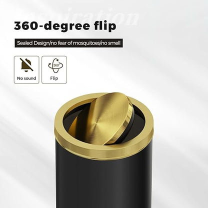 Black and Gold Bathroom Trash Can,Bathroom Garbage can with Swing Lid，Small Trash Can with Flipping Lid, 4.8gal Garbage cans for Bedroom,Living Room, Guest Room,Office,Hotel(4.7gal-Black)