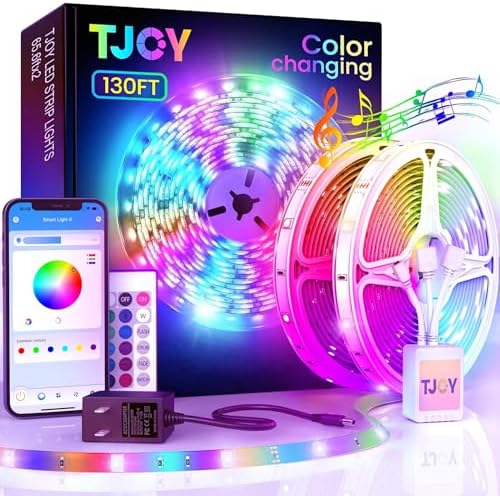 TJOY 130ft Bluetooth LED Strip Lights, RGB Color Changing, Music Sync, App Control, Indoor Usage, 5050 SMD, 2 Rolls, for Bedroom Kitchen TV Party (APP+Remote +Mic)