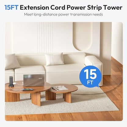 NTONPOWER 15 FT Power Strip Surge Protector Tower, Mini Flat Plug Power Strip Tower, 12 AC & 4 USB (2 USB C), 1625W / 13A Overload Protection, 1080J Surge Protector Tower for Home Office Dorm Room