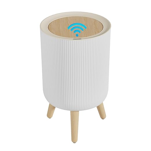 Automatic Bathroom Small Trash Can with Lid, 2.38 Gal Smart Motion Sensor Wastebasket, Waterproof Garbage Can with Legs and Wood Grain Top for Kitchen,Bedroom,Office,Desk, Living Room, RV