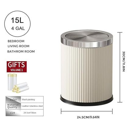 Bathroom Trash can with lid,Flip Lid Trash Can for Bedroom,Hide the Garbage Bag,Medium Garbage Can for Living Room,Hotel,(15L-White-Silver)