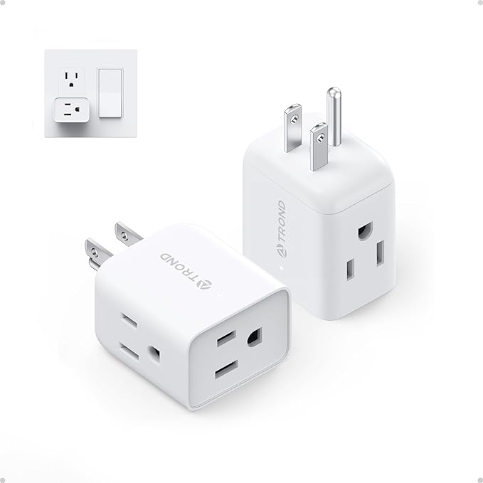 TROND Multi Plug Wall Outlet Extender 2 Pack - ETL Listed Electrical 3 Way Plug Extension Outlet Splitter Adapter, Small Multiple Wall Expander for Home Office Dorm Cruise Travel Essentials, White