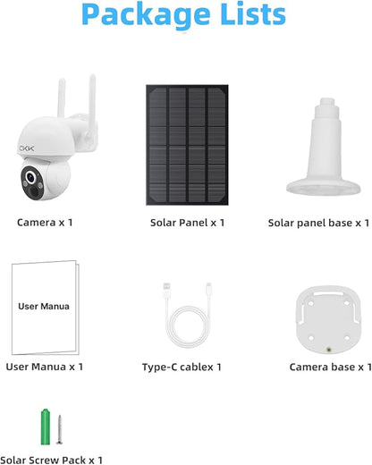CKK 3K Solar Security Camera Wireless Outdoor, 360 Degree PTZ, PIR Motion Detection, Color Night Vision, 2-Way Talk, IP66 Waterproof, Audible & Floodlight Alarm for Home, Garage and Yard