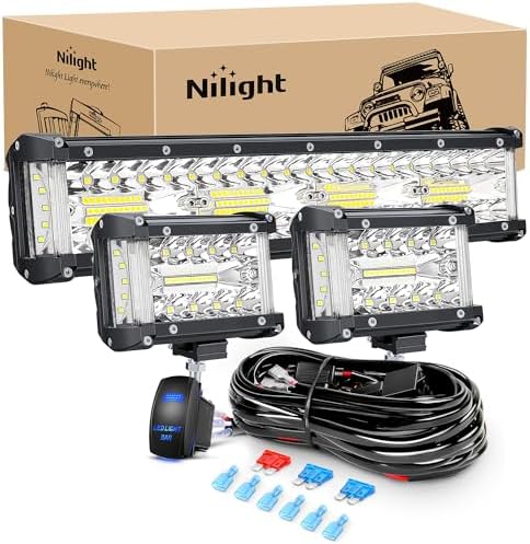 Nilight Side Shooter LED Light Bar Set 12 Inch Triple Row Spot Flood Combo Lights 2PCS 4.3Inch Pods with 5Pin Rocker Switch Wiring Harness Kit for Off-Road Truck ATV UTV Boat