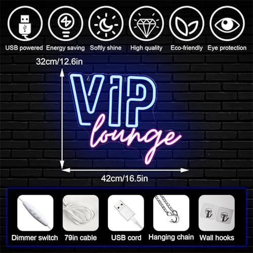 Horseneon VIP Lounge Neon Signs for Wall Decor, VIP Neon Lights Signs for Room Decor, Led Light Up Sign with USB Powered for Bar, Hotel, Cafe, VIP Room, Home Decoration (Blue&Pink)
