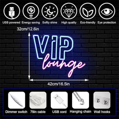 Horseneon VIP Lounge Neon Signs for Wall Decor, VIP Neon Lights Signs for Room Decor, Led Light Up Sign with USB Powered for Bar, Hotel, Cafe, VIP Room, Home Decoration (Blue&Pink)