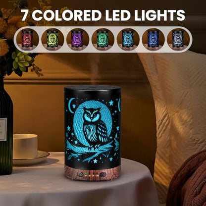 Essential Oil Diffuser 120ML Metal Aromatherapy Diffuser with Timer, Cool Mist Humidifier with Auto Shut-Off & 7 Color Lights for Home Office Spa (Owl)