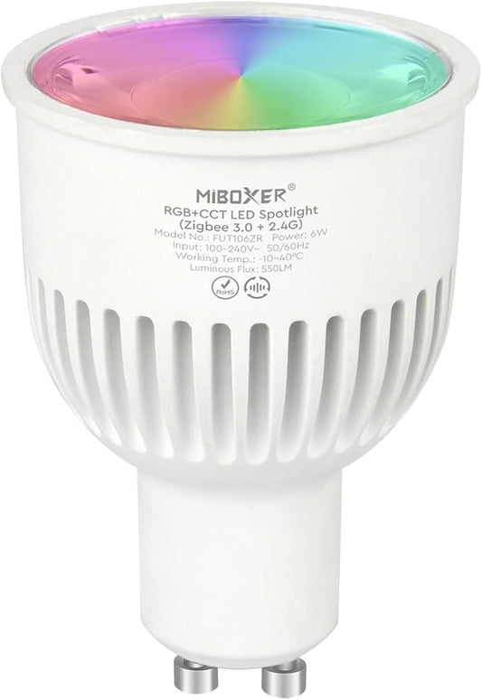 LGIDTECH FUT106ZR Miboxer LED Spotlight Bulb 6W GU10 RGB+CCT, Compatible with Philips Hue, Amazon Echo Studio