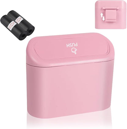 Portable Car Trash Cans with 2 Rolls Garbage Bag,Push-on Car Trash Bin with Lid & Hook for in-Vehicle Waste Disposal,Multipurpose Seat Organizer & Storage for Most Vehicles (Pink)