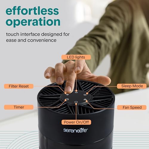 SereneLife Portable Air Purifier - Small Air Purifier with Aroma Box & Ambient Light, High Filtration Efficiency, Filter Change Reminder, 2-Speed, Timer & Sleep Mode, 6 x 6 x 12 in. (Black)