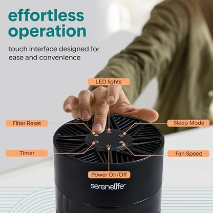 SereneLife Portable Air Purifier - Small Air Purifier with Aroma Box & Ambient Light, High Filtration Efficiency, Filter Change Reminder, 2-Speed, Timer & Sleep Mode, 6 x 6 x 12 in. (Black)