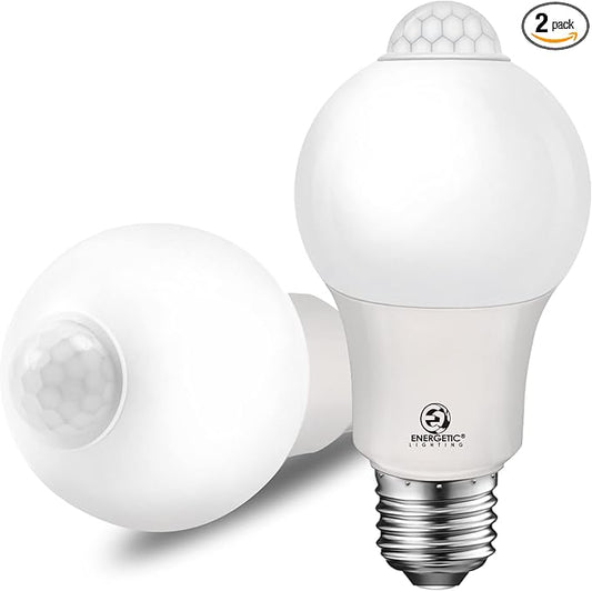 Energetic Motion Sensor Light Bulb, 60 Watt Equivalent (8.5W), Indoor/Outdoor Automatic Activated by Motion, A19, E26, 5000K Dusk to Dawn Security Bulbs for Entrance, Porch, Stairs, Hallway, 2 Pack