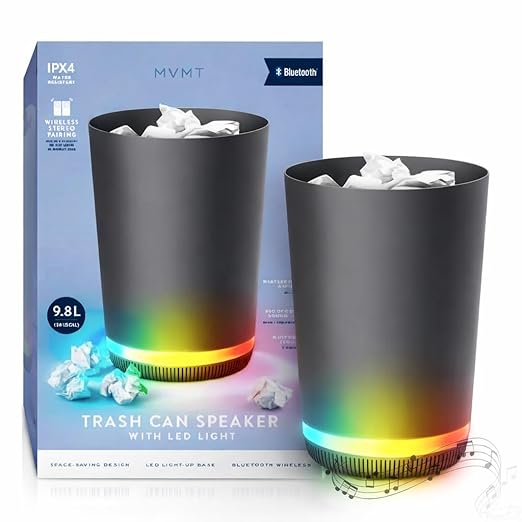 MVMT Trash Can with LED Light-Up Wireless Speaker - 9.8L (2.6 Gal) Smart Trash Bin, Bluetooth 360 Sound, Multi-Color LED Base, IPX4 Water-Resistant, FM Radio, Rechargeable Battery, Space-Saving Design