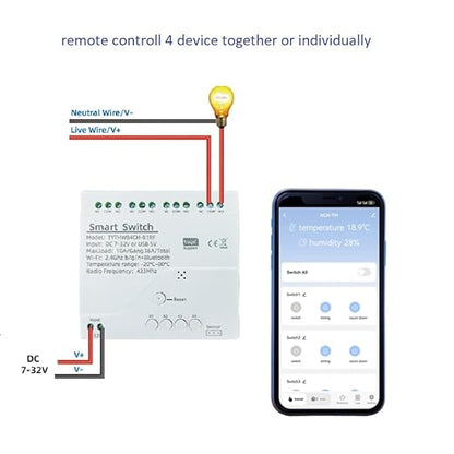 4 Channel Tuya app Dry Contact WIFI Wireless Smart Temperature Humidity Sensor Realy Switch,Compatible with Alexa Google Home, TYTHWB4CH-B1RF