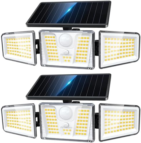 KOOPER Solar Flood Lights, 210 LED Motion Sensor Outdoor Lights, Solar Motion Lights Outdoor Waterproof, 3 Heads 300° Wide Angle Outdoor Security Lights for Yard Patio Garage Entryways, 2 Pack, Black