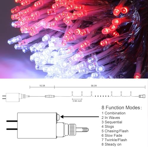 LJLNION 300 LED Valentines Lights, Extra Long 98.5FT Christmas String Lights Outdoor Indoor, 8 Lighting Mode, Plug in Waterproof Fairy Light for Wedding Party Bedroom Garden Decorations (Red & White)