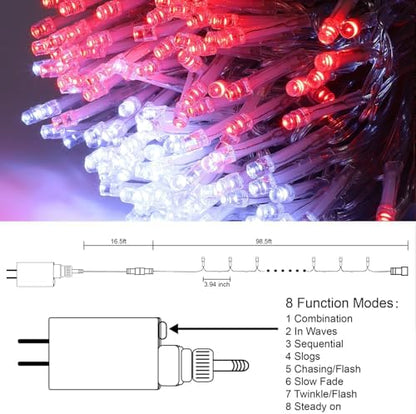LJLNION 300 LED Valentines Lights, Extra Long 98.5FT Christmas String Lights Outdoor Indoor, 8 Lighting Mode, Plug in Waterproof Fairy Light for Wedding Party Bedroom Garden Decorations (Red & White)