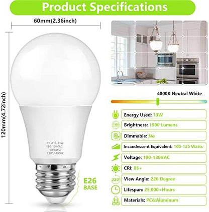 MAXvolador A19 LED Light Bulbs, 100 Watt Equivalent, Neutral White 4000K, 1500LM, E26 Base, Non-Dimmable, 13W Bright White LED Bulb, 4-Pack