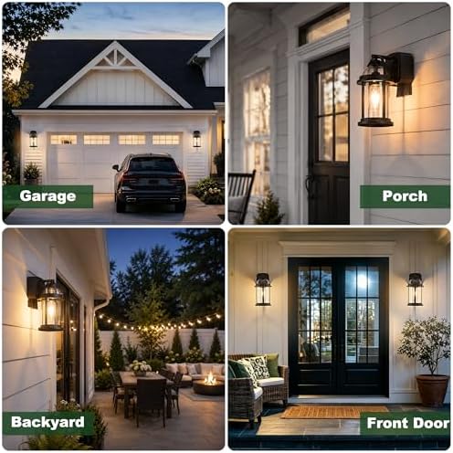 OKELI Dusk to Dawn Outdoor Wall Lights with GFCI Outlet, Waterproof Rustic Farmhouse Wall Lanterns with Clear Glass Shades, Anti-Rust Outside Fixture Lights for Garage Patio Porch, Black, 2 Pack