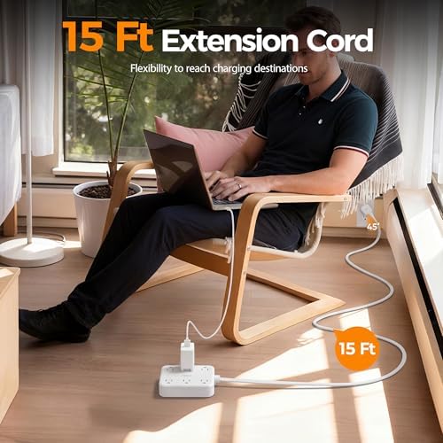 TESSAN Surge Protector Power Strip, 15Ft Flat Plug Extension Cord, Grey