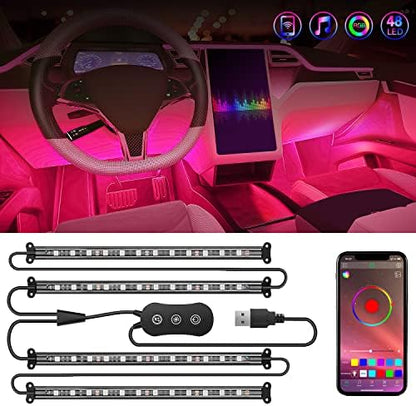 Nilight 4PCS USB Car Interior Lights RGB App and Button Control | 5V DC Multi Color Music Car Neon Accent Light Strips Under Dash Lighting Kit with Sound Active Function