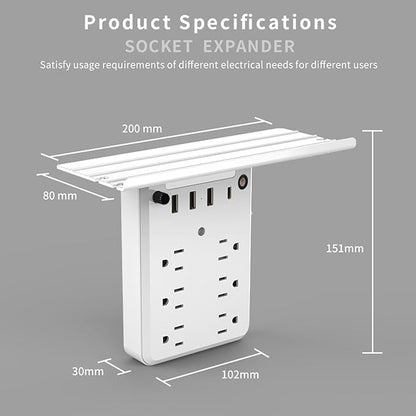 Preliminark Wall Outlet Extender with Shelf Night, Outlet Extended with Surge Protector and Shelf 6 Ac Outlets, 3 USB & 1 USB C Charging Ports, for Home Office (1pcs)