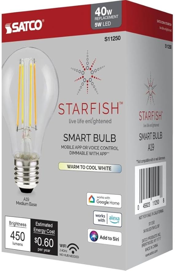 Satco S11250 Starfish Tunable White WiFi Smart LED Light Bulb, Works with Siri, Alexa, Google Assistant, SmartThings, Clear, A19, 1 Pack