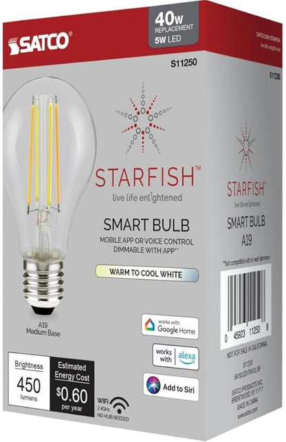 Satco S11250 Starfish Tunable White WiFi Smart LED Light Bulb, Works with Siri, Alexa, Google Assistant, SmartThings, Clear, A19, 1 Pack