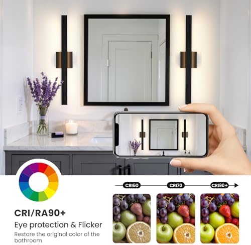 Modern Bathroom Vanity Light 24 Inch Black Bathroom Lighting Fixtures Over Mirror 20W 5CCT Dimmable LED Vanity Lights Bar for Bathroom Mirror Restroom Bedroom